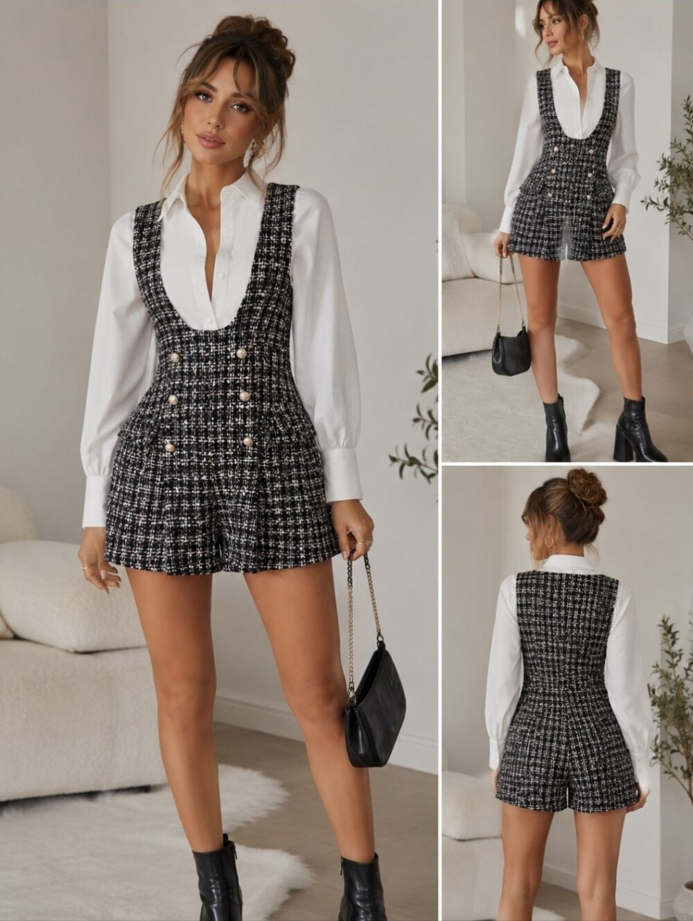 Shop Kultivate Black & Pink Tweed Sleeveless Romper Plaid Y2K Coquette Girl MED